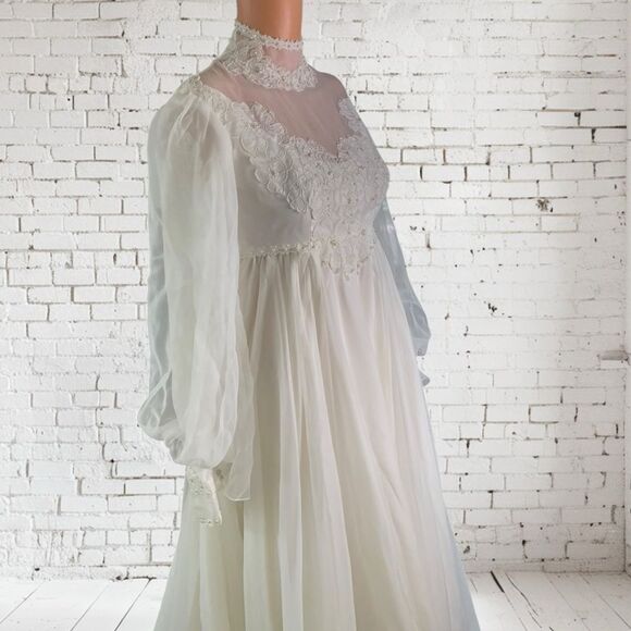 Vntg. Alfred Angelo Chiffon Wedding Dress High Neck Long Sleeves Bridal Gown - Picture 11 of 16